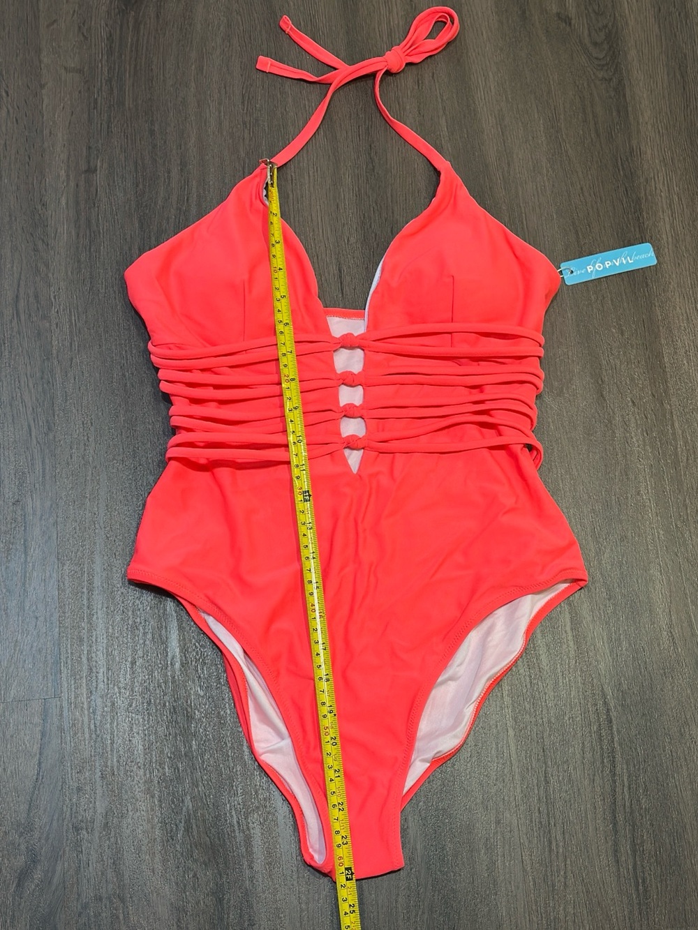 NWT Neon Pink Cutout One Piece Swimsuit Halter Strappy Waist Beach Pool Large - Picture 3 of 7